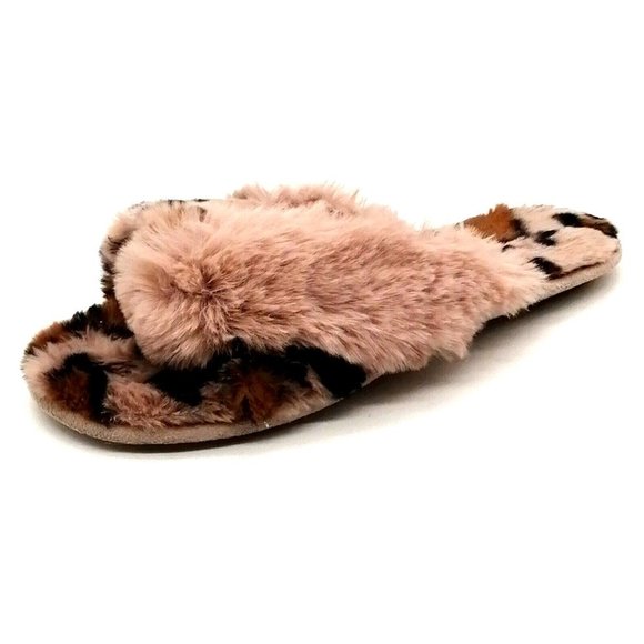 Loft Womens Slide Slipper Brown Beige Leopard Print Faux Fur Cross Straps M 7-8 - Picture 1 of 9